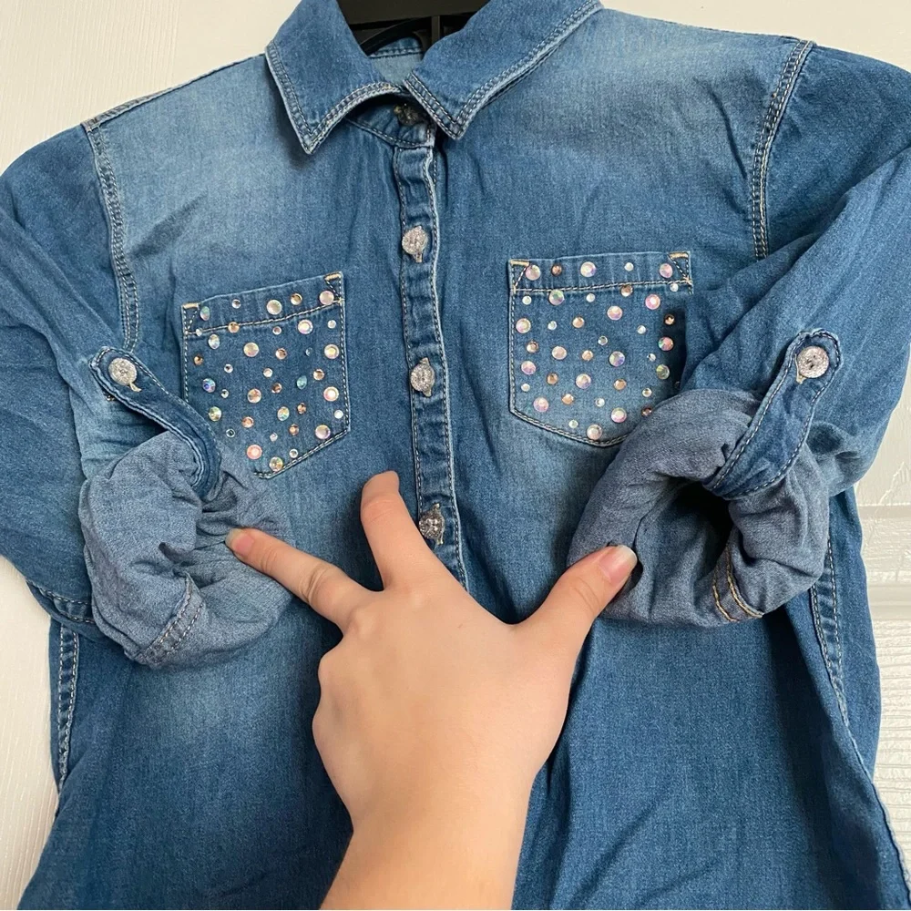 Justice Girls Jean Button Down Top Gem Embellished Pockets Size 8 Blue Silver